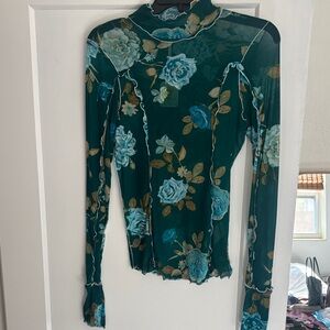 Free People Teal Floral Mesh Blouse